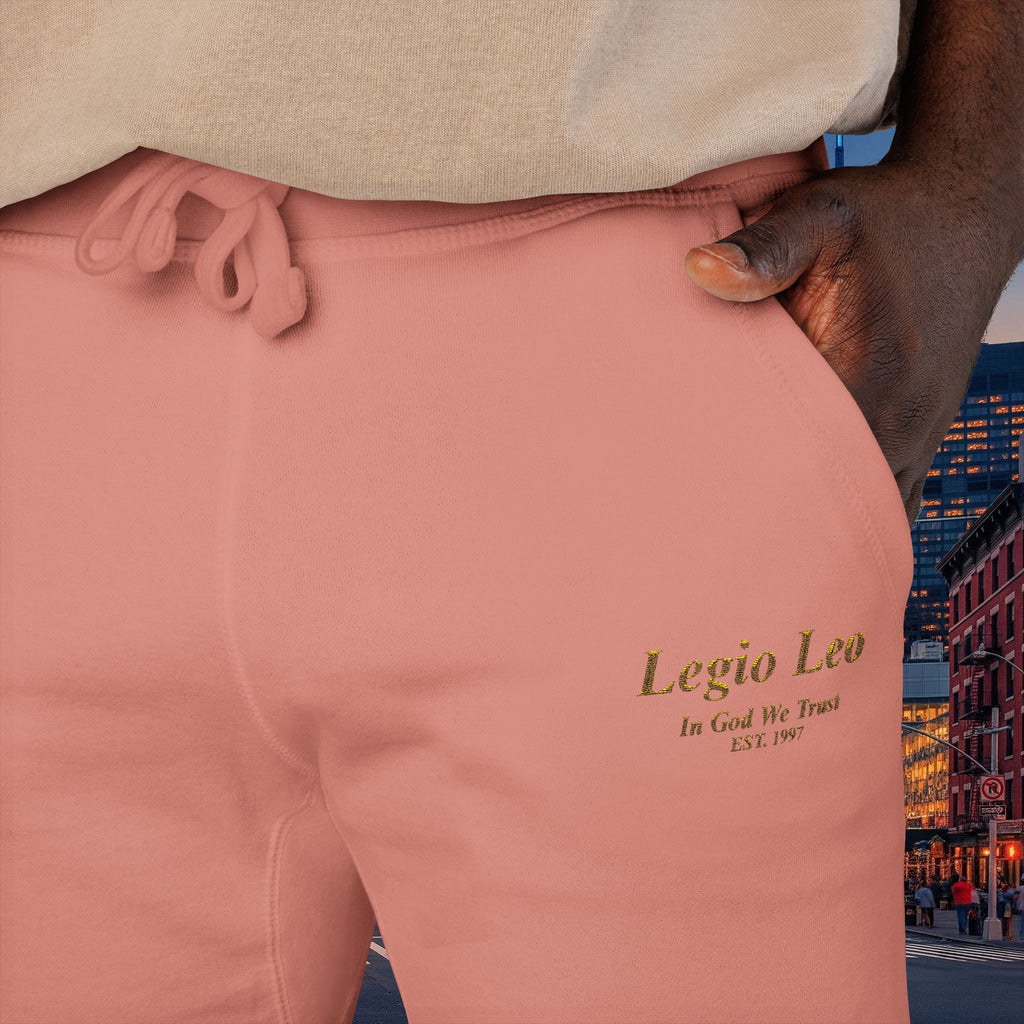 Legio Leo Sweatpants — In God We Trust Embroidery Design Cozy Fleece Joggers