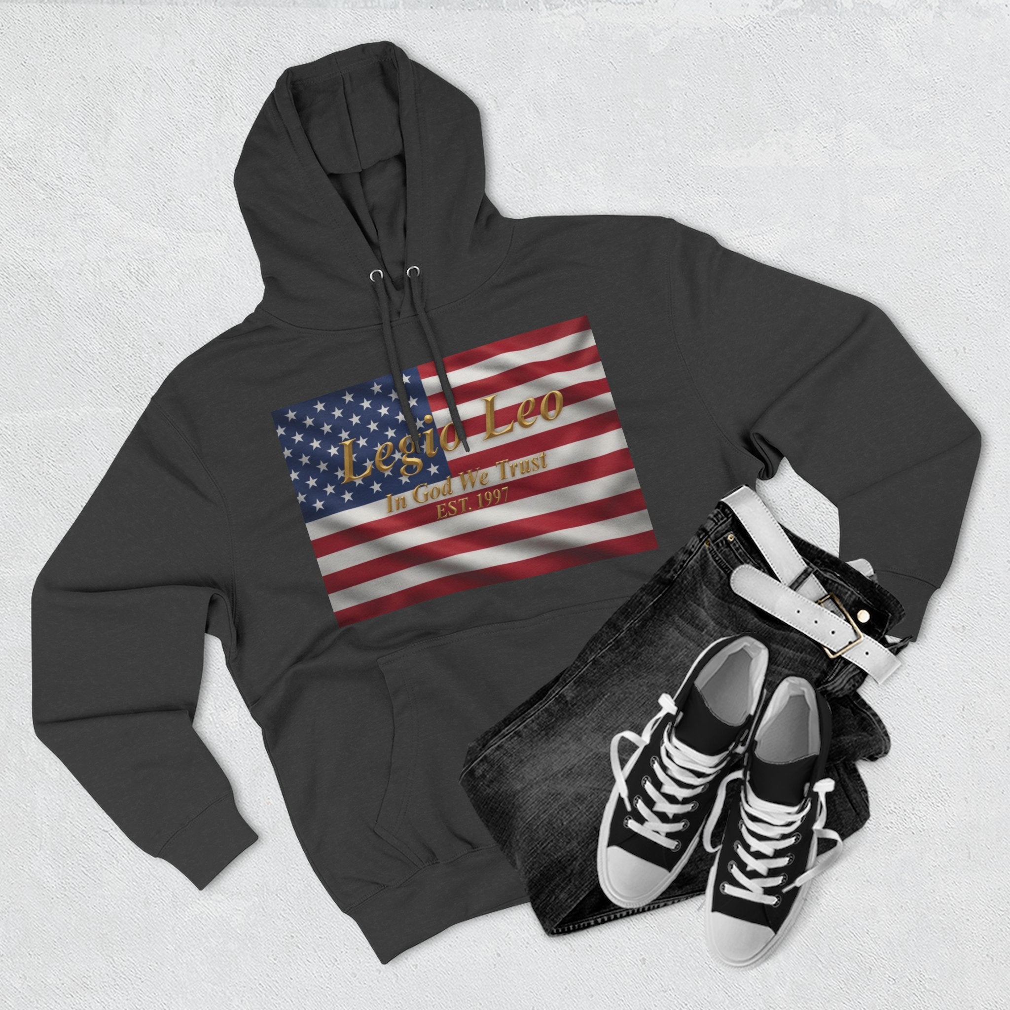 Legio Leo American Flag Fleece Hoodie – Minimal Gold Script Pullover