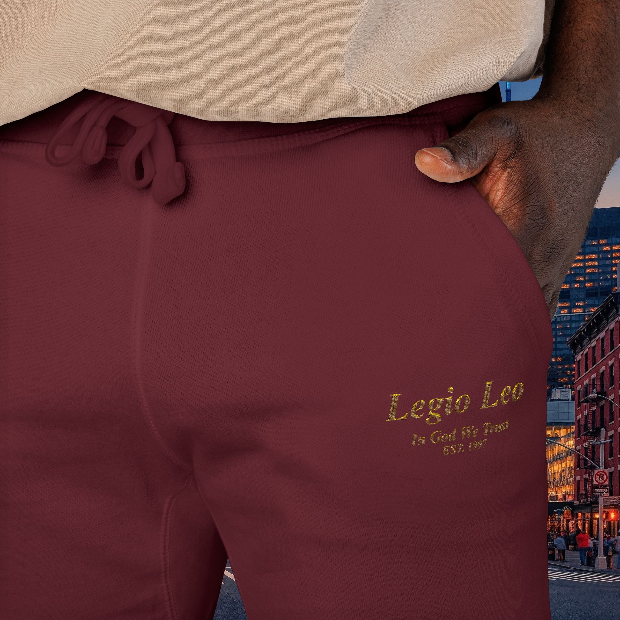 Legio Leo Sweatpants — In God We Trust Embroidery Design Cozy Fleece Joggers