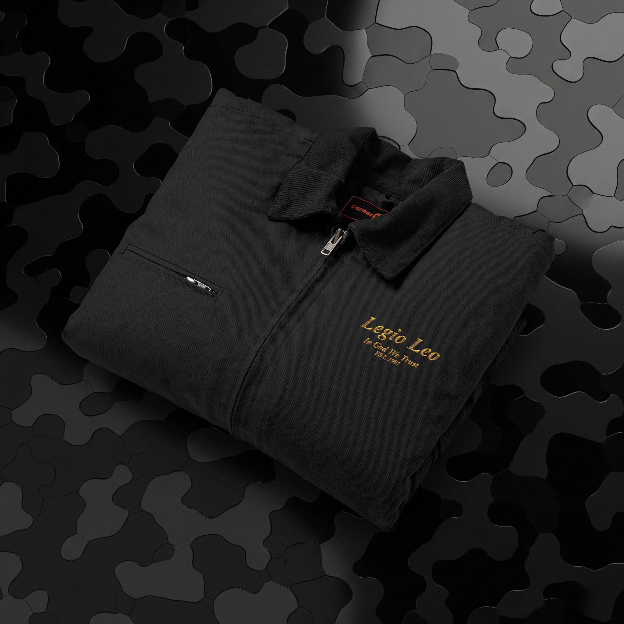 Legio Leo Duck Cloth Work Jacket — Durable Black Canvas Utility Coat | In God We Trust Embroidery