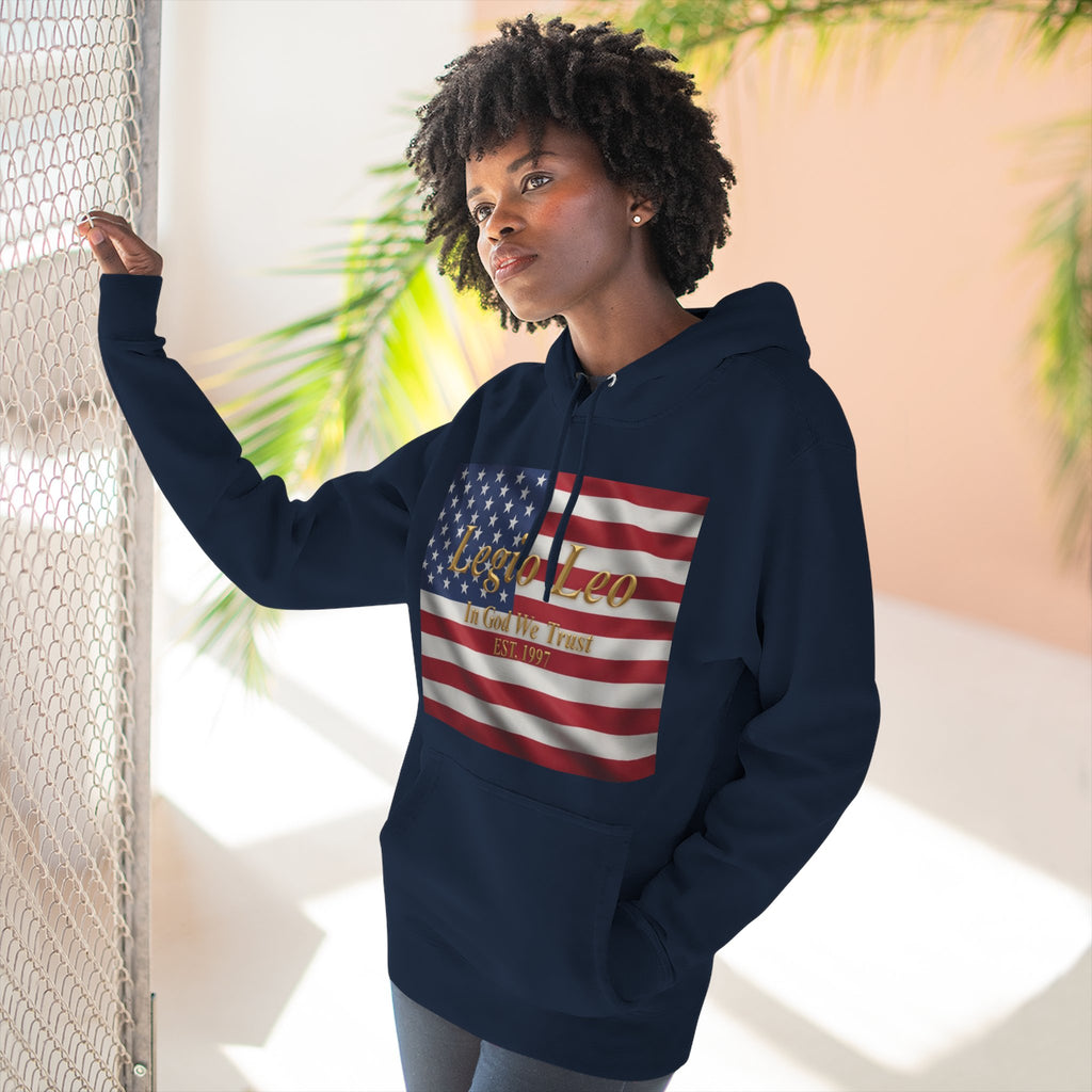 Legio Leo American Flag Fleece Hoodie – Minimal Gold Script Pullover
