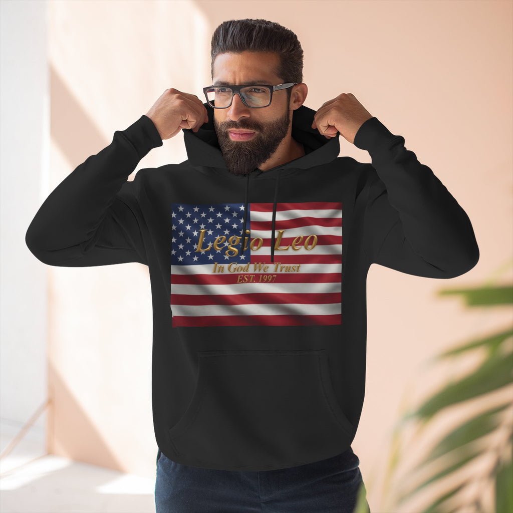 Legio Leo American Flag Fleece Hoodie – Minimal Gold Script Pullover