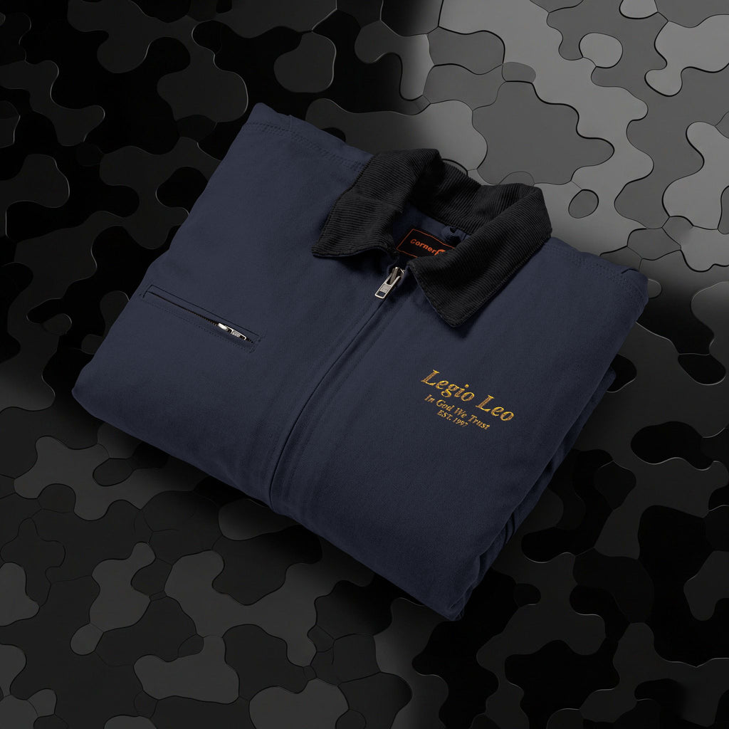 Legio Leo Duck Cloth Work Jacket — Durable Black Canvas Utility Coat | In God We Trust Embroidery