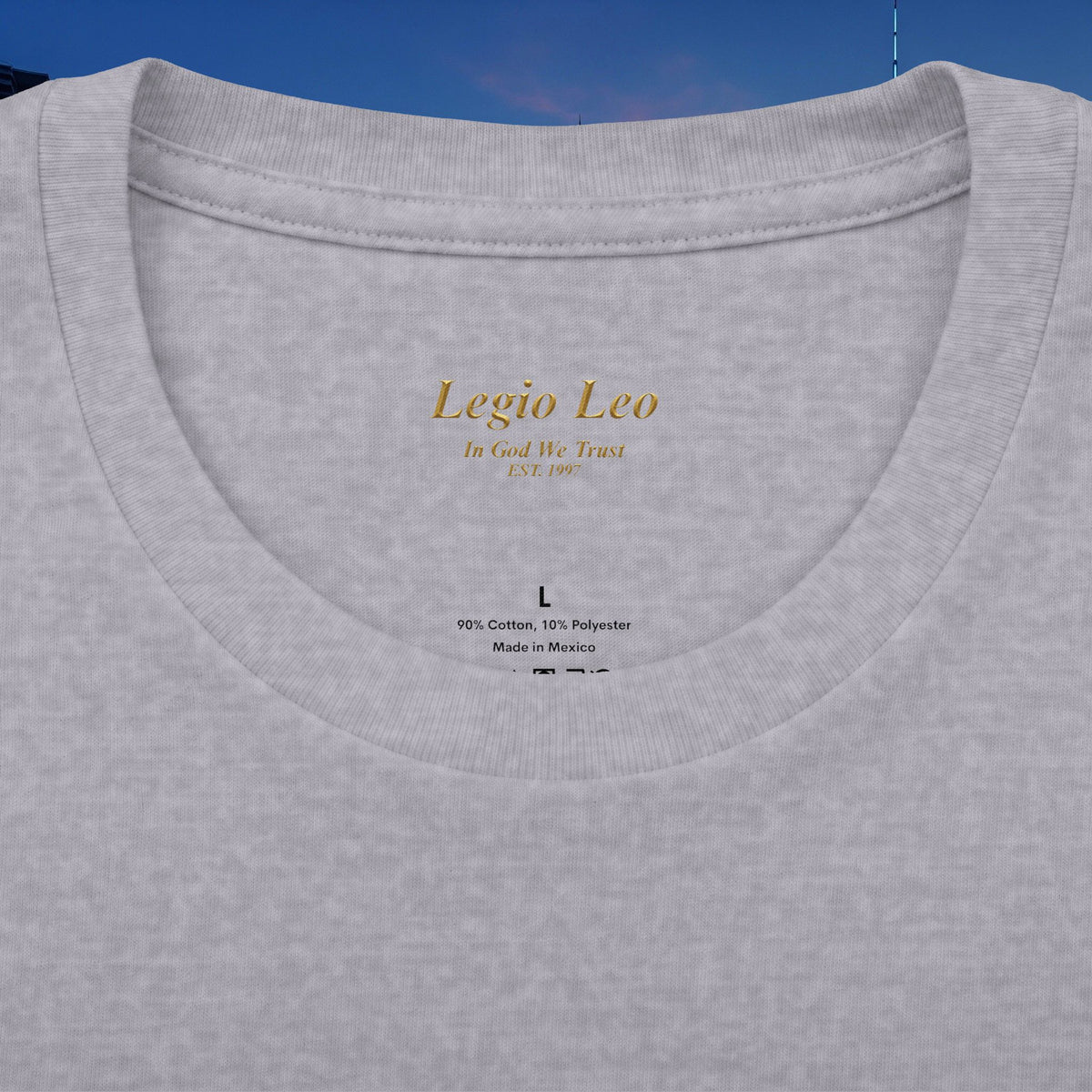Legio Leo Vertical Logo Tee — "In God We Trust" Cotton Crew