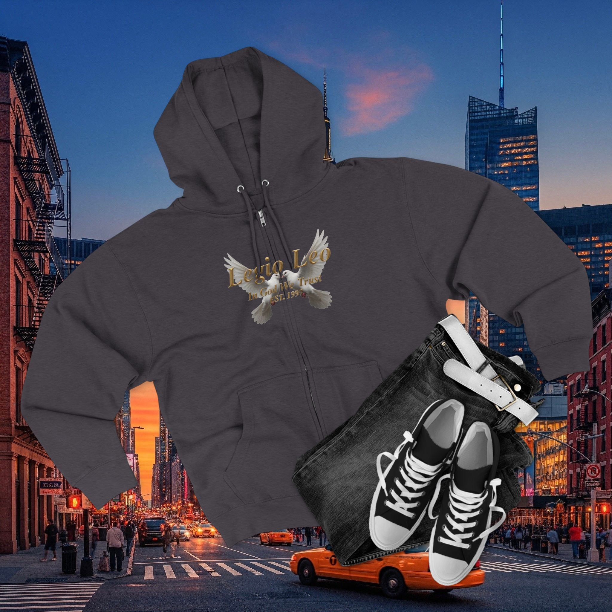 Leo Zodiac Zip Hoodie — 'Legio Leo— In God We Trust' Script with White Doves Design