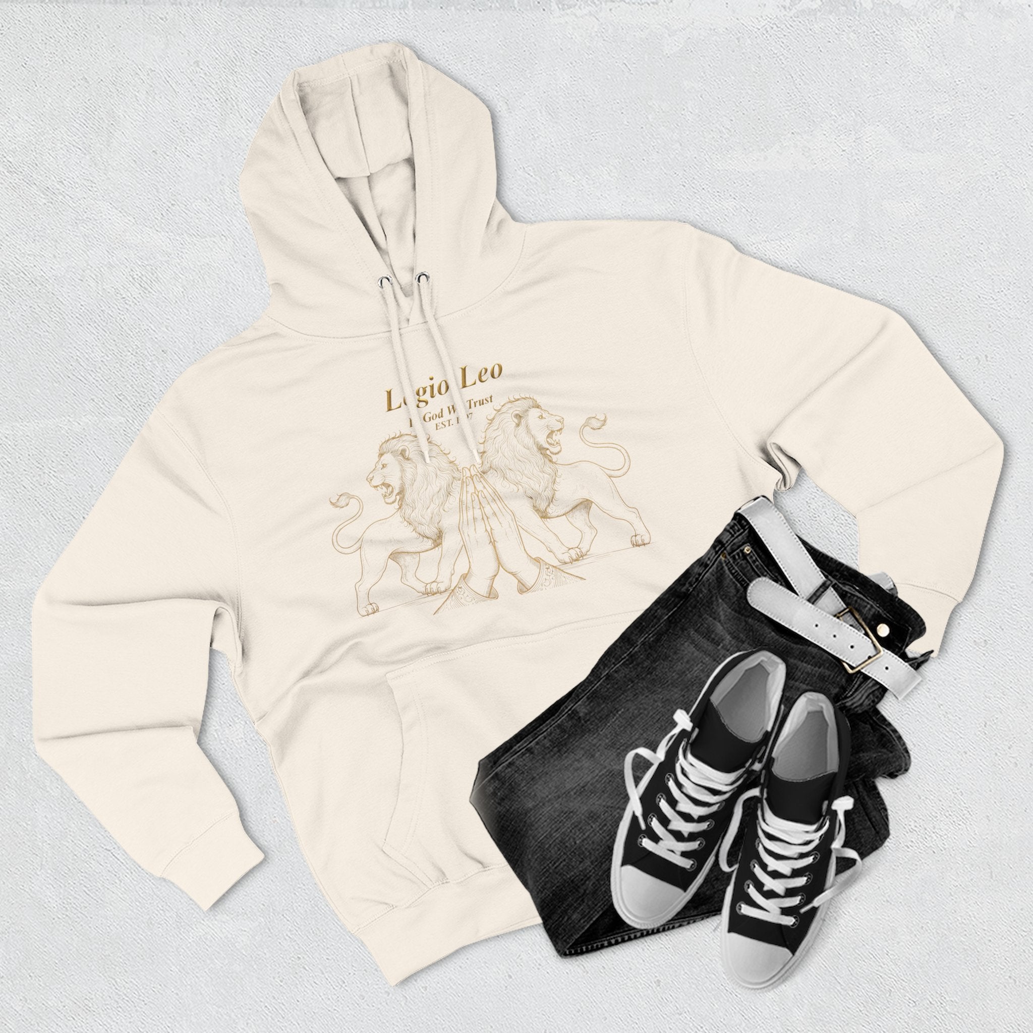 Legio Leo Fleece Hoodie – Minimal Gold Script Pullover Guardian Design