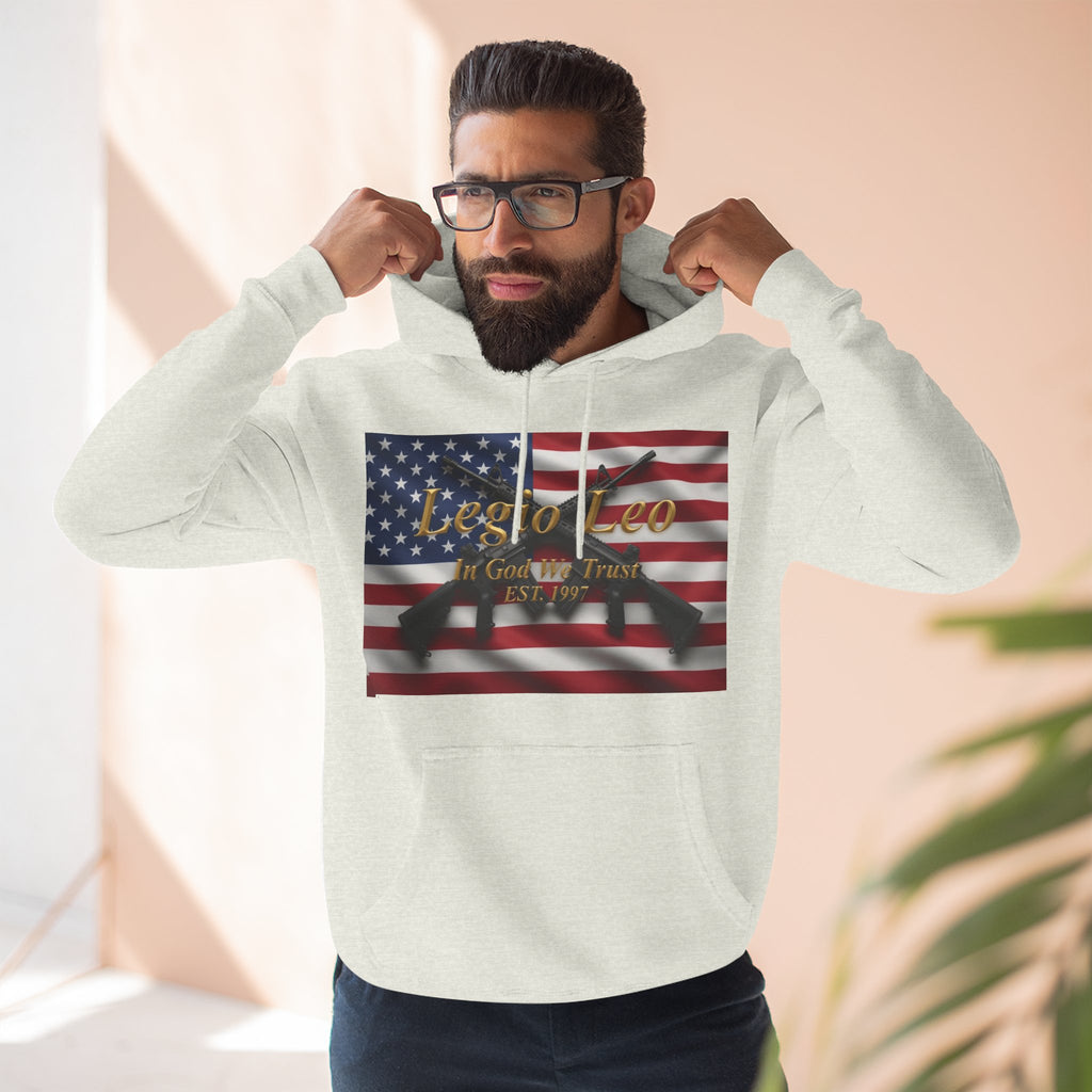 Legio Leo American Flag Fleece Hoodie – Minimal Gold Script Pullover Warrior Design