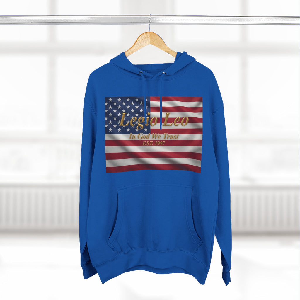 Legio Leo American Flag Fleece Hoodie – Minimal Gold Script Pullover