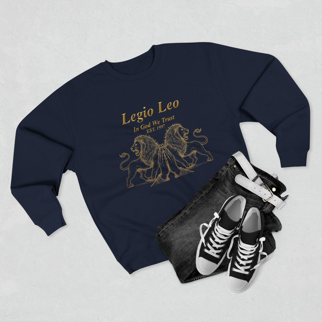 Legio Leo Crewneck Sweatshirt — Classic Latin Crest “In God We Trust” Graphic