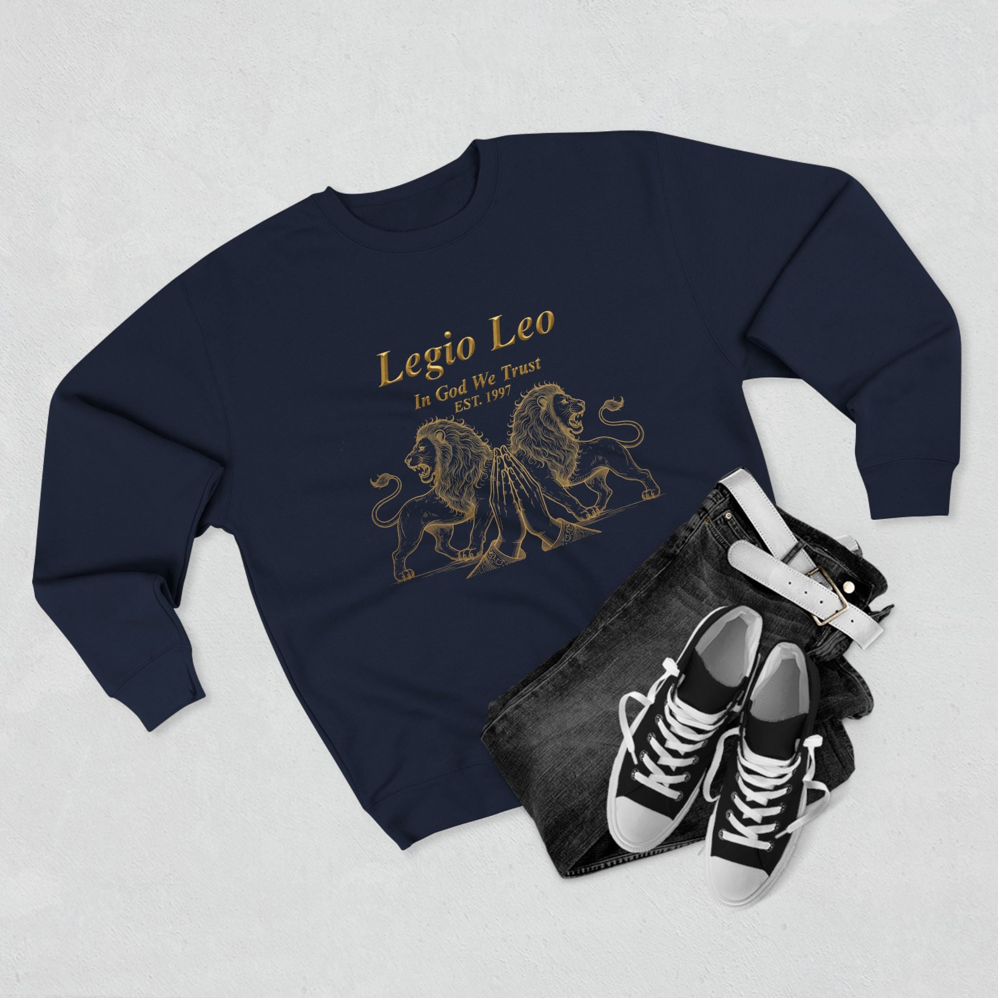 Legio Leo Crewneck Sweatshirt — Classic Latin Crest “In God We Trust” Graphic