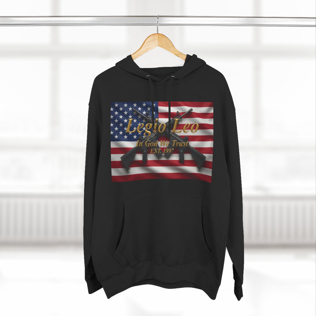 Legio Leo American Flag Fleece Hoodie – Minimal Gold Script Pullover Warrior Design
