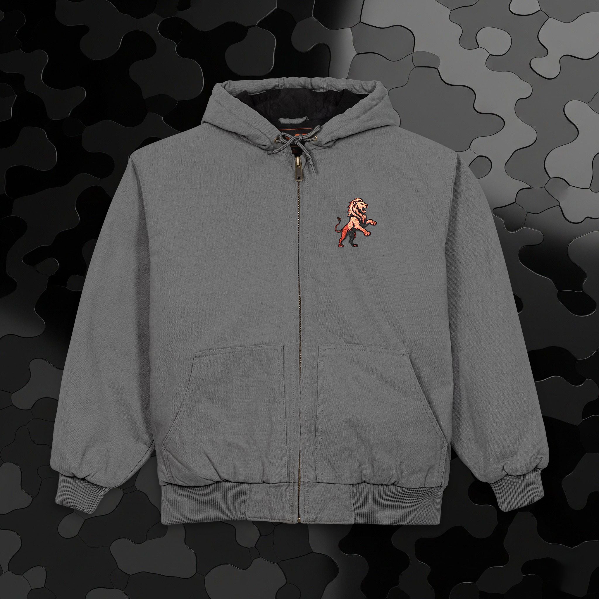 Work Jacket — Embroidered Lion Emblem Hooded Duck Cloth Jacket