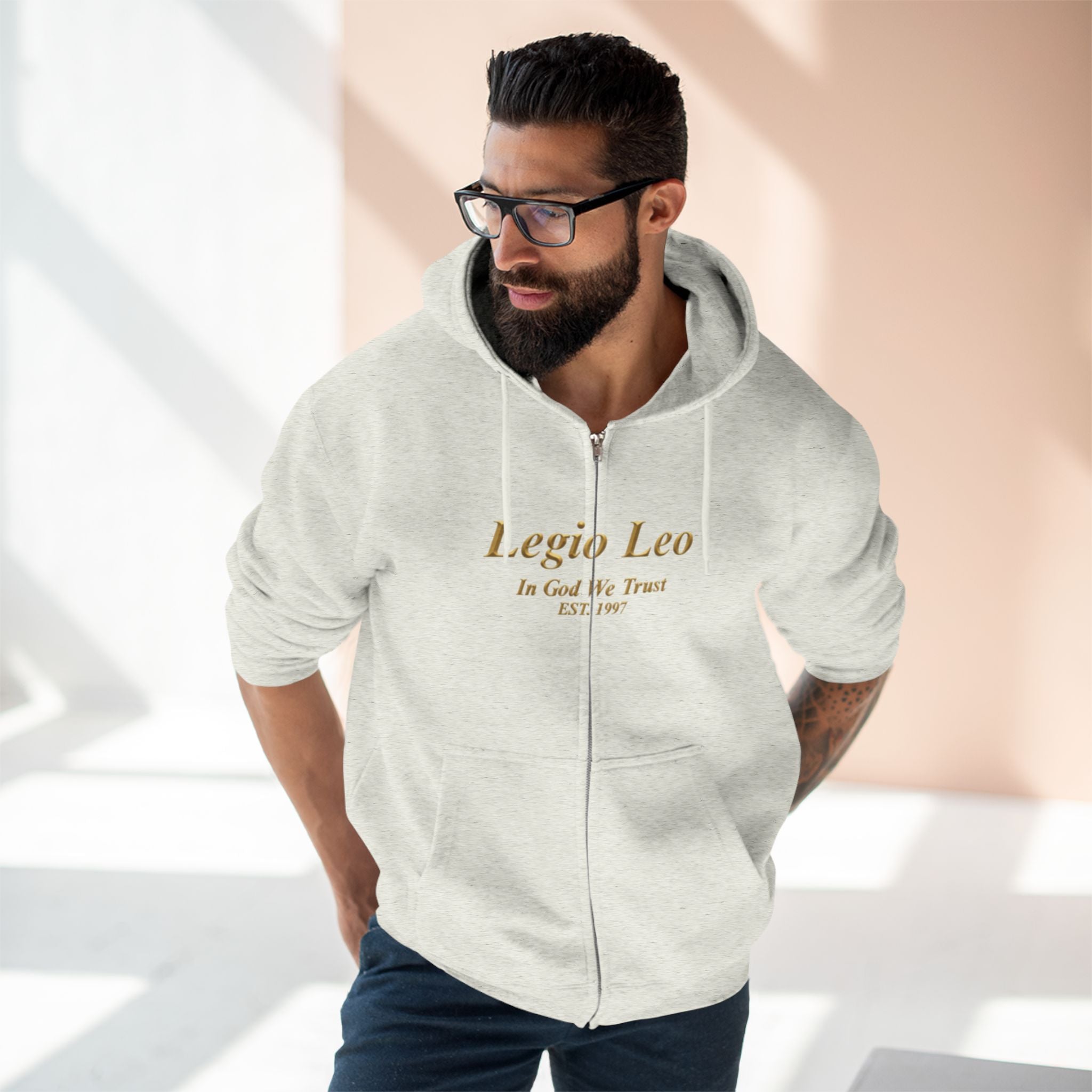 Zip Hoodie — Legio Leo Lion & Skull Graphic Zip-Up with “In God We Trust” Text