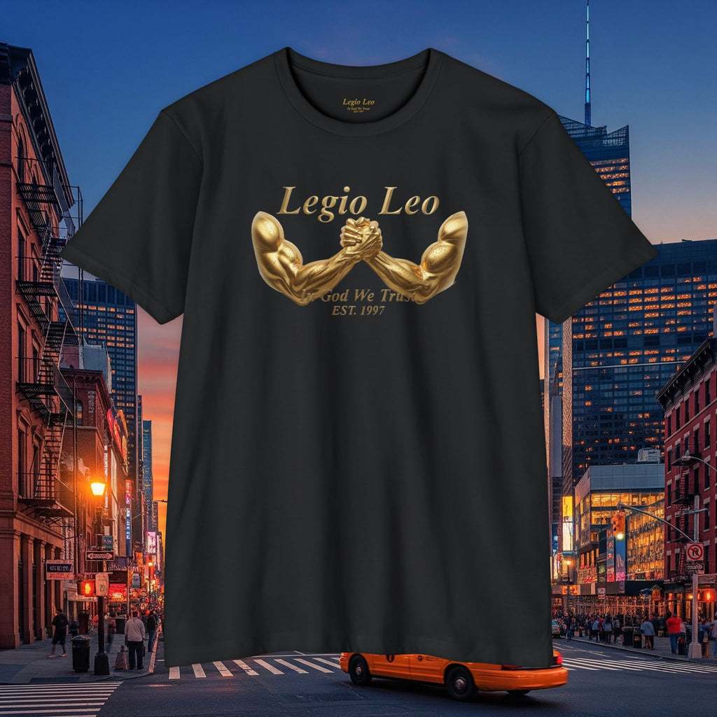Legio Leo Strength T-Shirt — 'Legio Leo' Gold Arm Wrestling Design