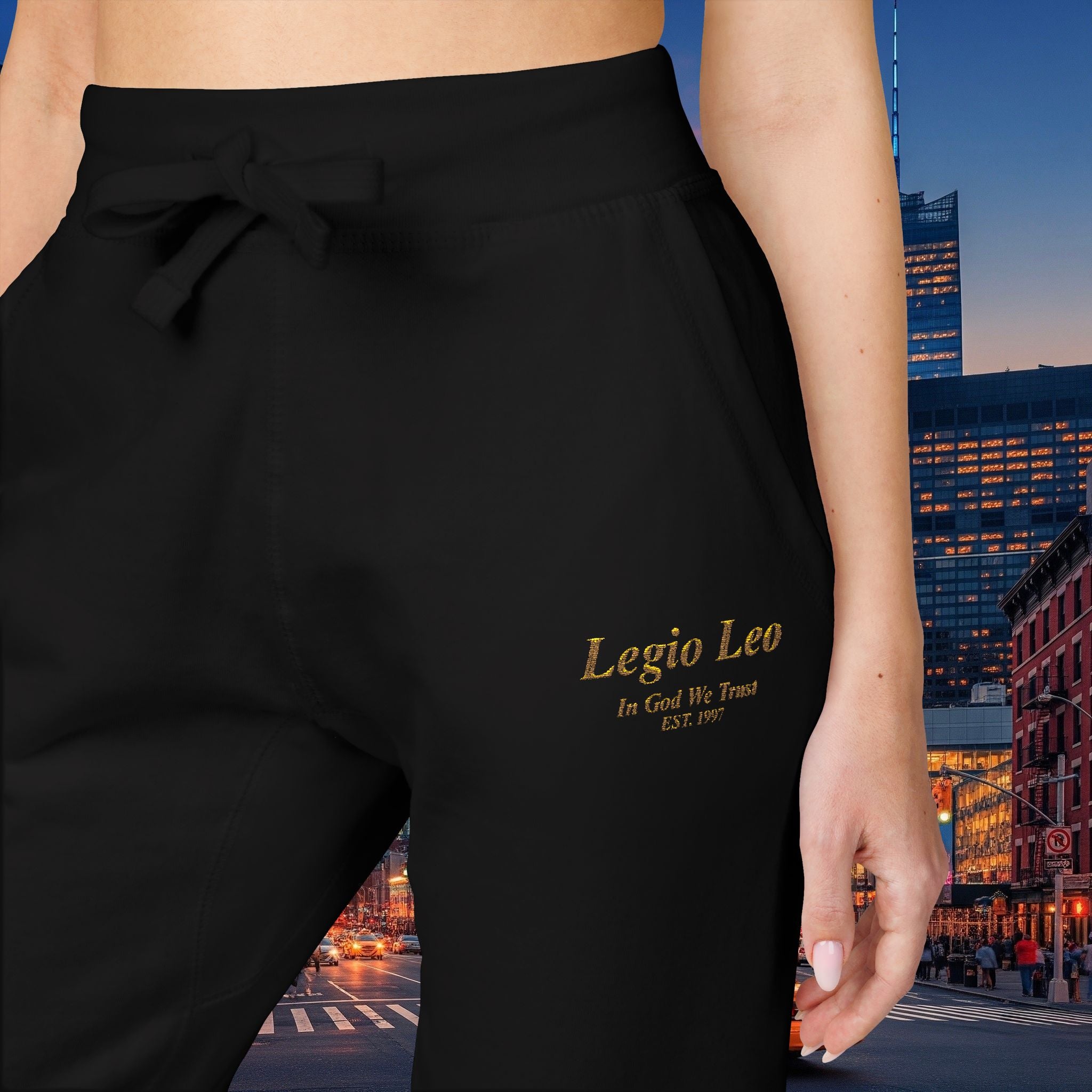 Legio Leo Sweatpants — In God We Trust Embroidery Design Cozy Fleece Joggers
