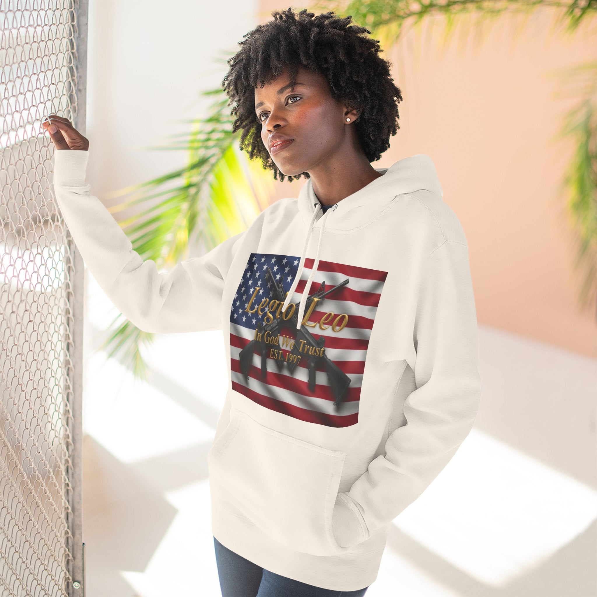 Legio Leo American Flag Fleece Hoodie – Minimal Gold Script Pullover Warrior Design