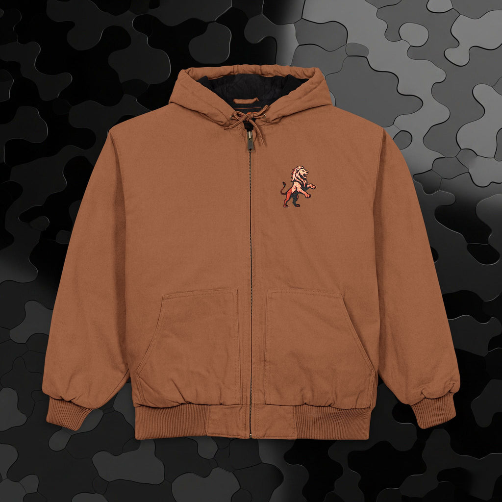 Work Jacket — Embroidered Lion Emblem Hooded Duck Cloth Jacket