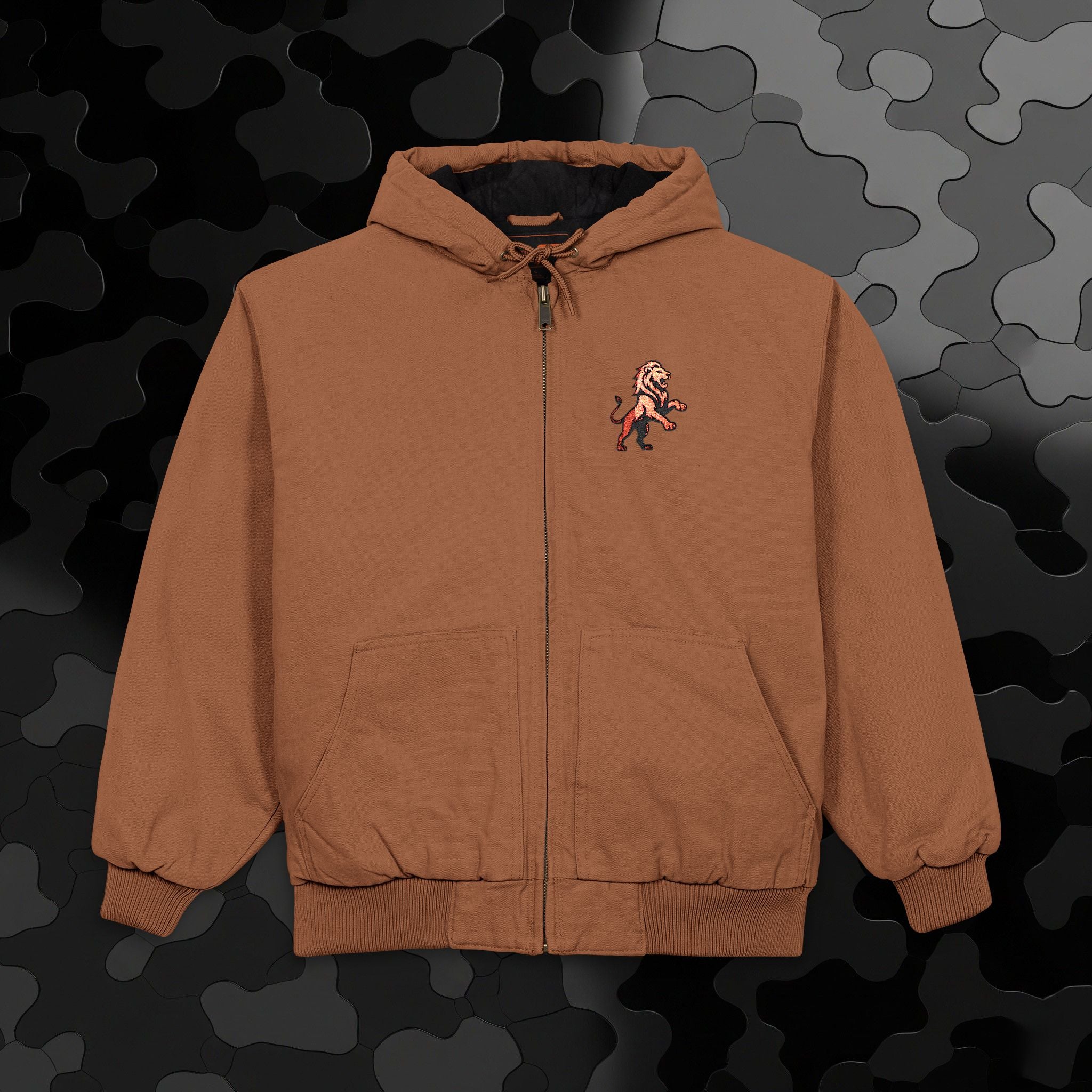 Work Jacket — Embroidered Lion Emblem Hooded Duck Cloth Jacket