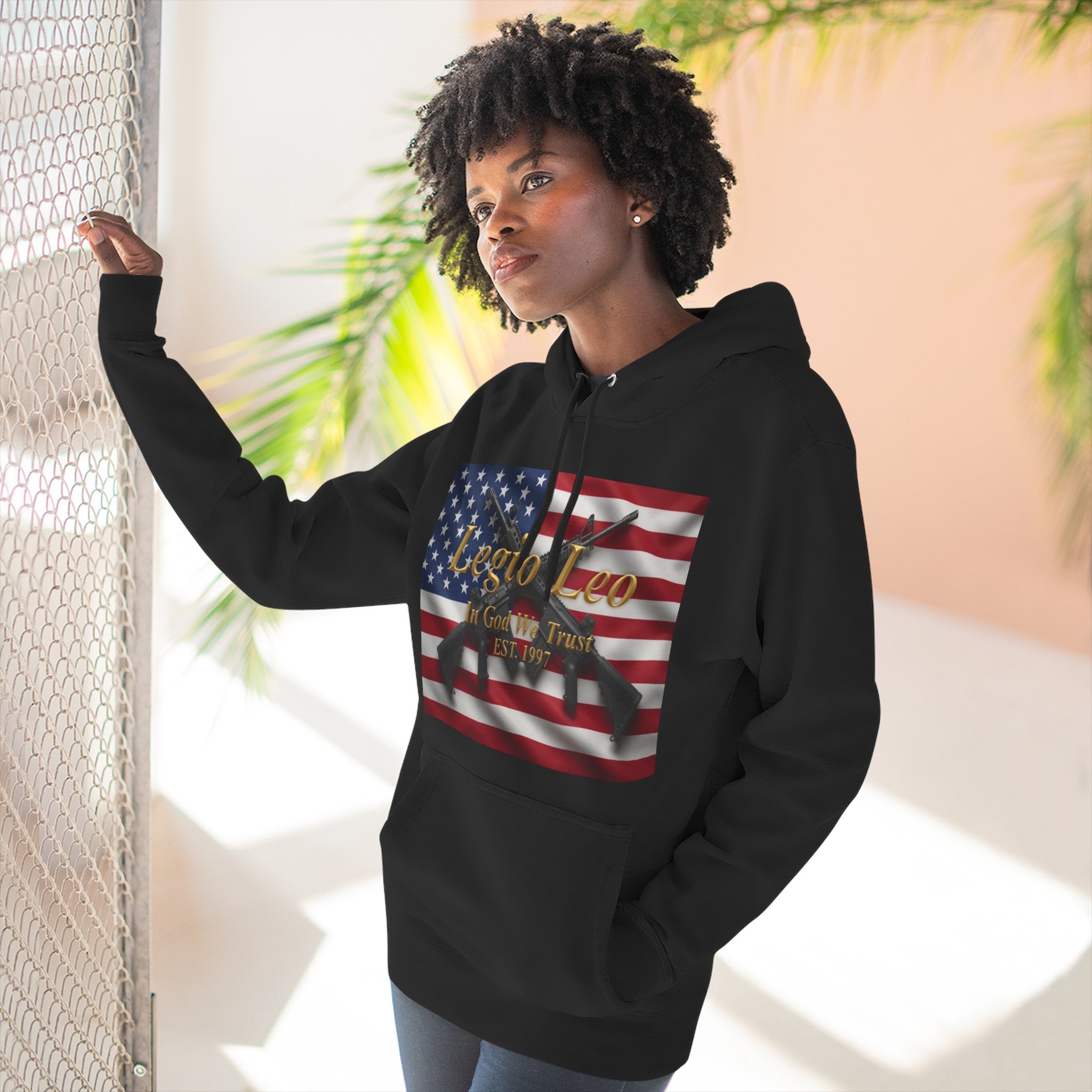 Legio Leo American Flag Fleece Hoodie – Minimal Gold Script Pullover Warrior Design