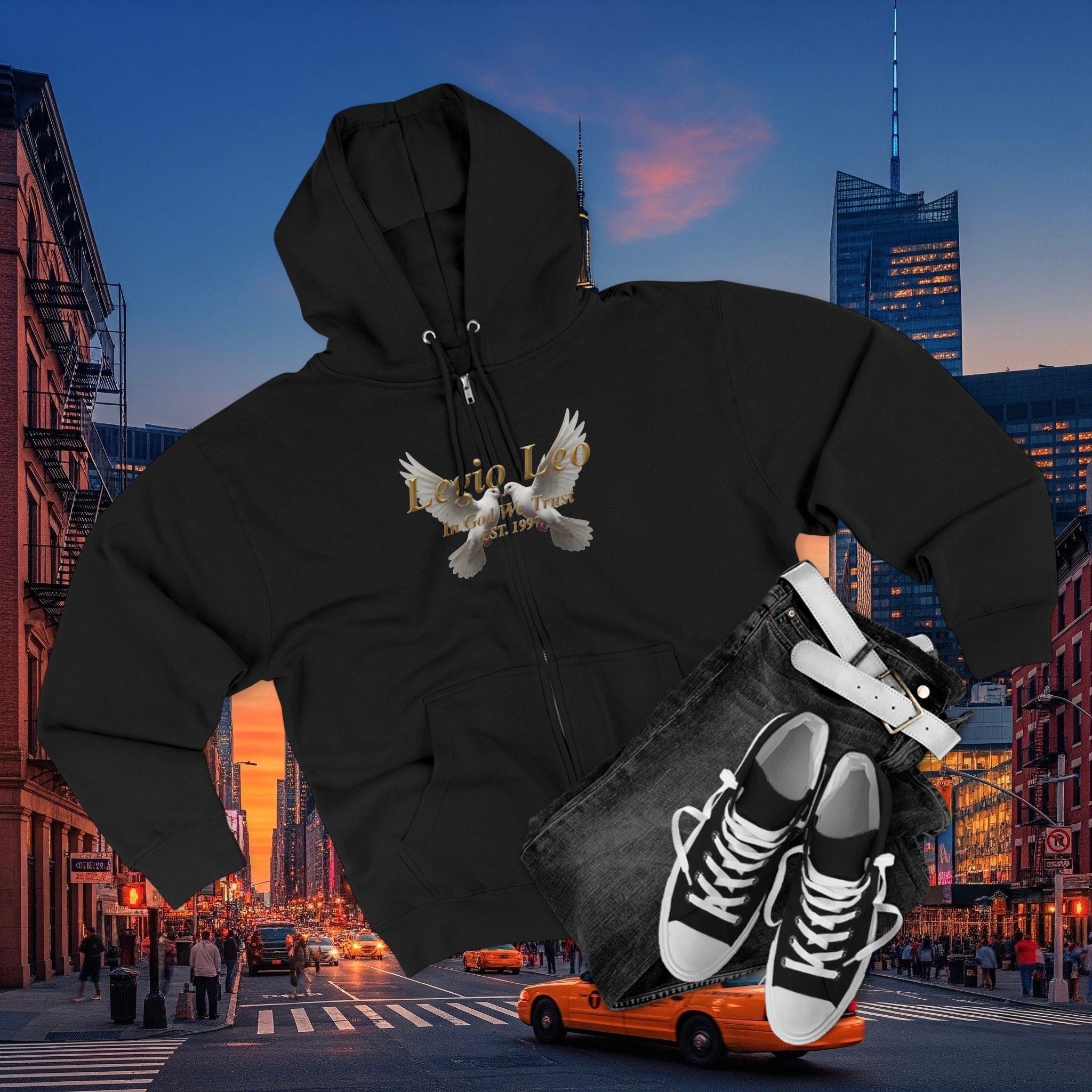 Leo Zodiac Zip Hoodie — 'Legio Leo— In God We Trust' Script with White Doves Design