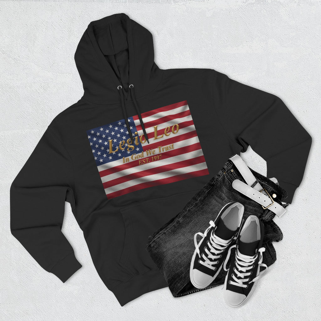 Legio Leo American Flag Fleece Hoodie – Minimal Gold Script Pullover