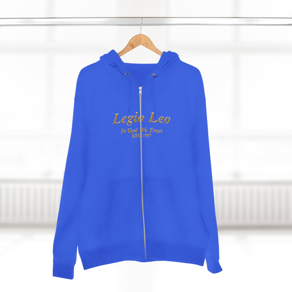 Zip Hoodie — Legio Leo Lion & Skull Graphic Zip-Up with “In God We Trust” Text