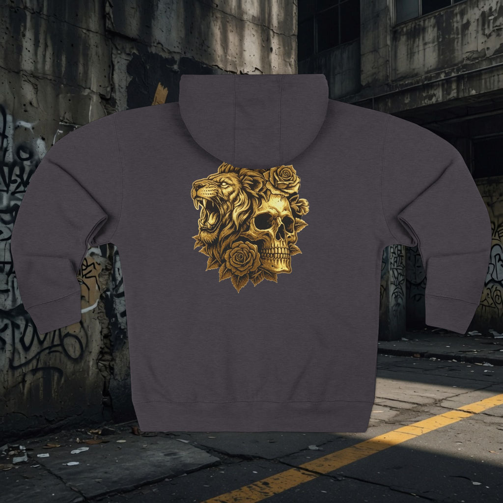Zip Hoodie — Legio Leo Lion & Skull Graphic Zip-Up with “In God We Trust” Text