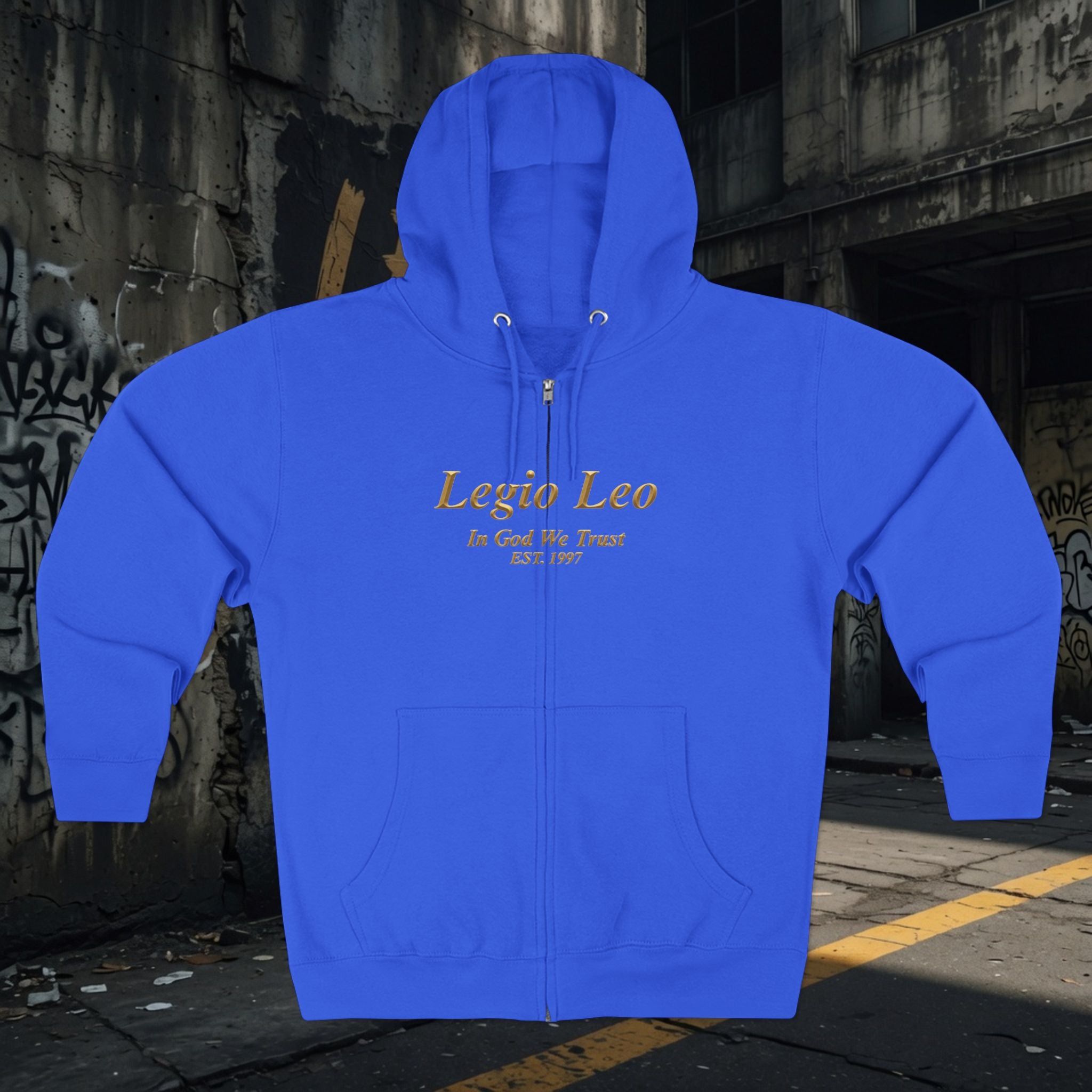 Zip Hoodie — Legio Leo Lion & Skull Graphic Zip-Up with “In God We Trust” Text