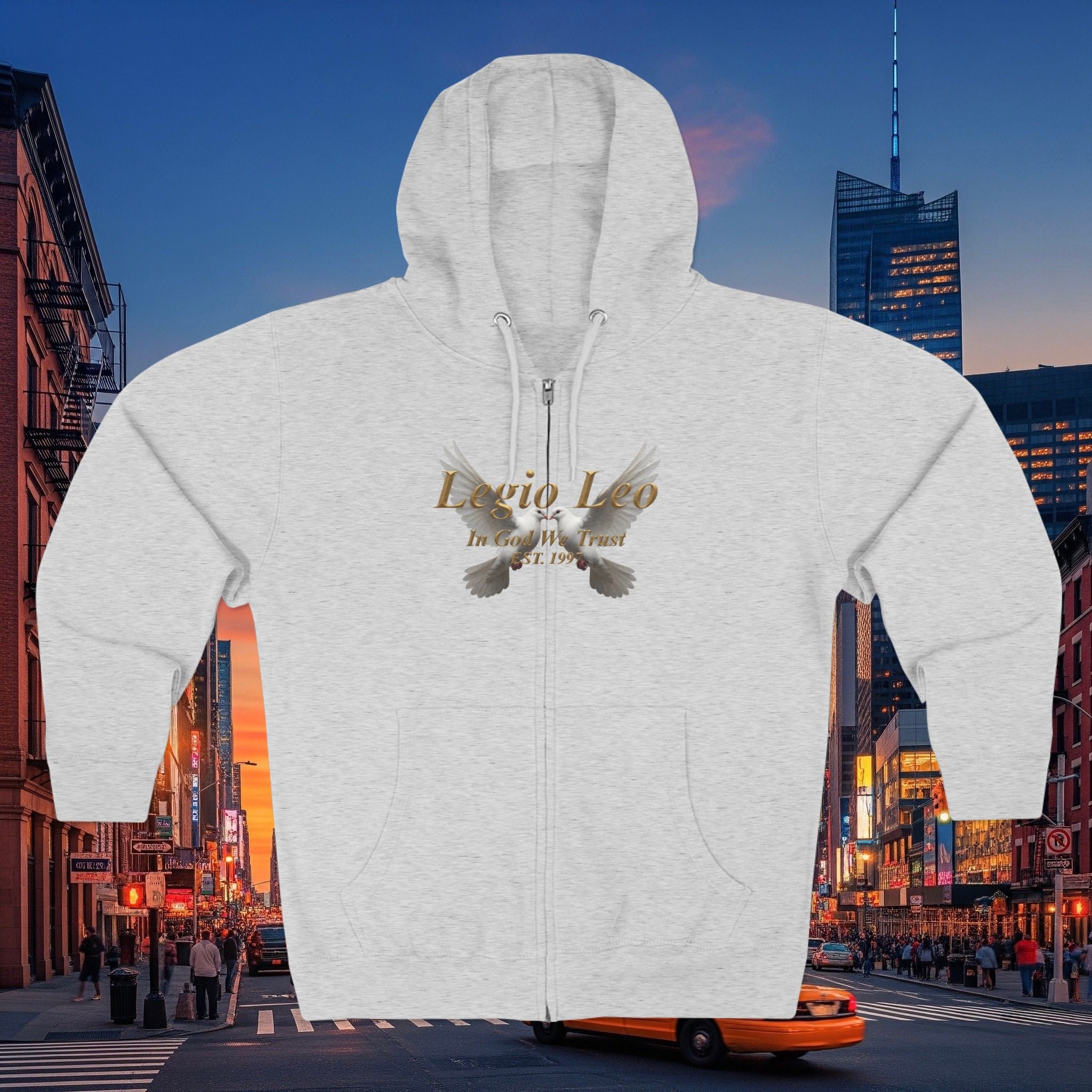 Leo Zodiac Zip Hoodie — 'Legio Leo— In God We Trust' Script with White Doves Design