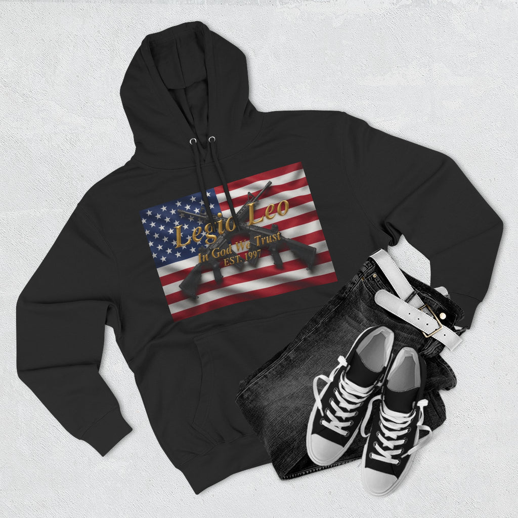 Legio Leo American Flag Fleece Hoodie – Minimal Gold Script Pullover Warrior Design