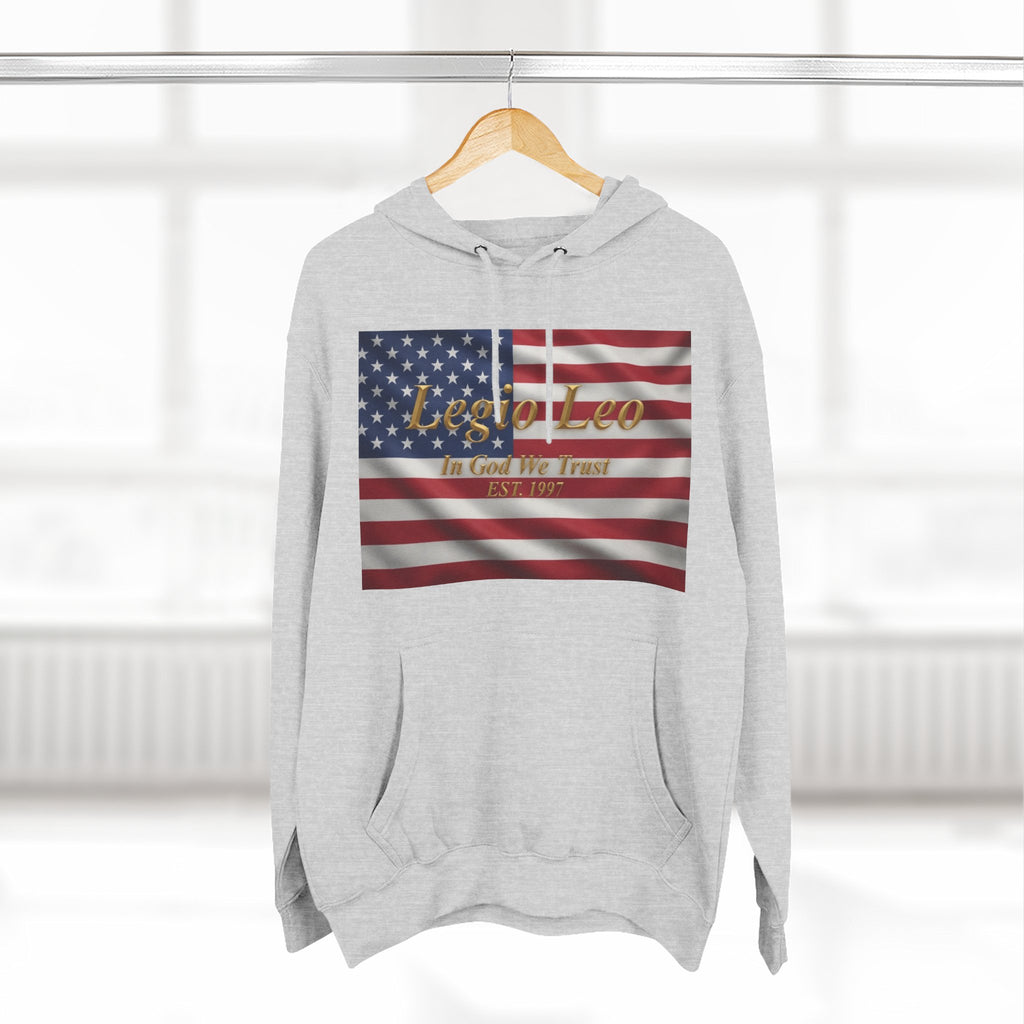 Legio Leo American Flag Fleece Hoodie – Minimal Gold Script Pullover