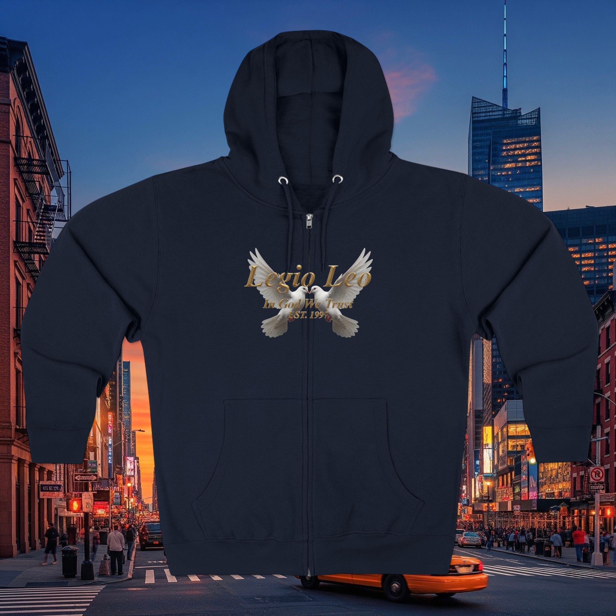 Leo Zodiac Zip Hoodie — 'Legio Leo— In God We Trust' Script with White Doves Design