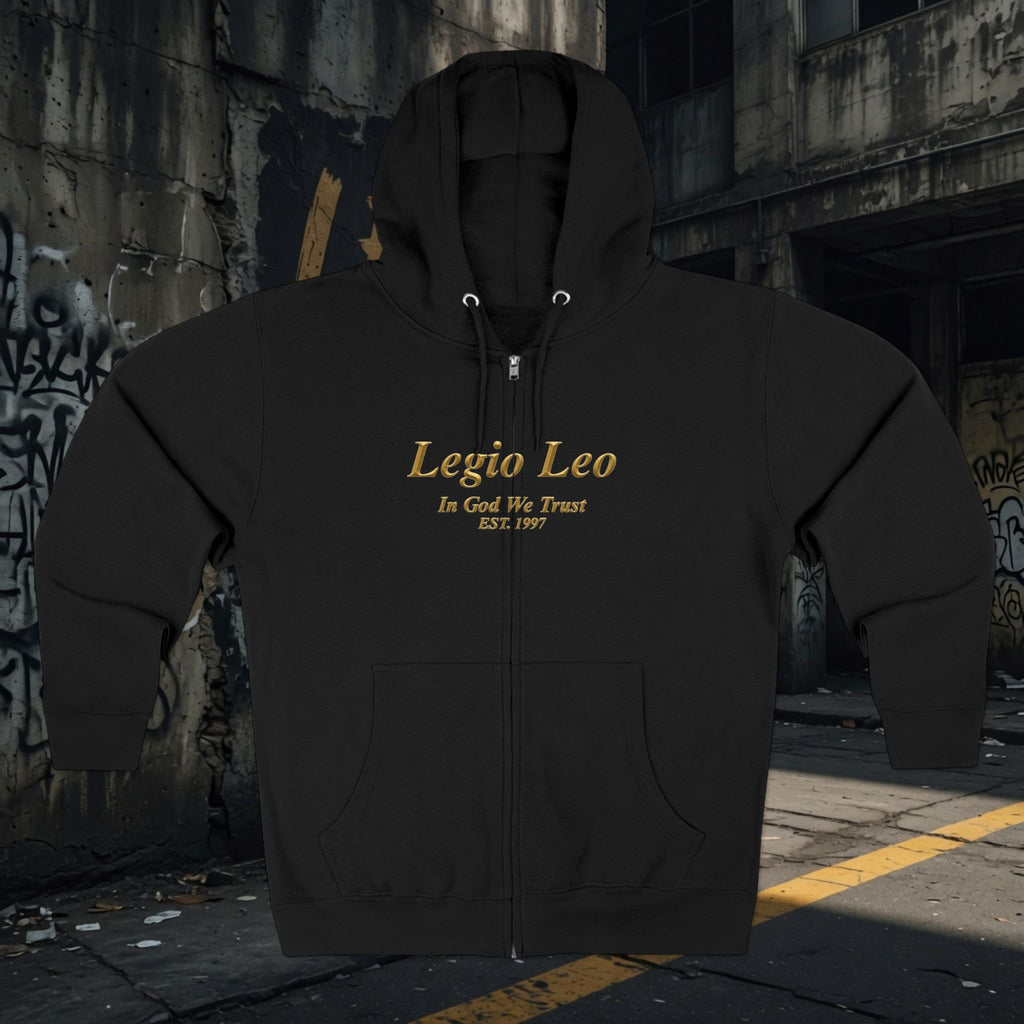 Zip Hoodie — Legio Leo Lion & Skull Graphic Zip-Up with “In God We Trust” Text