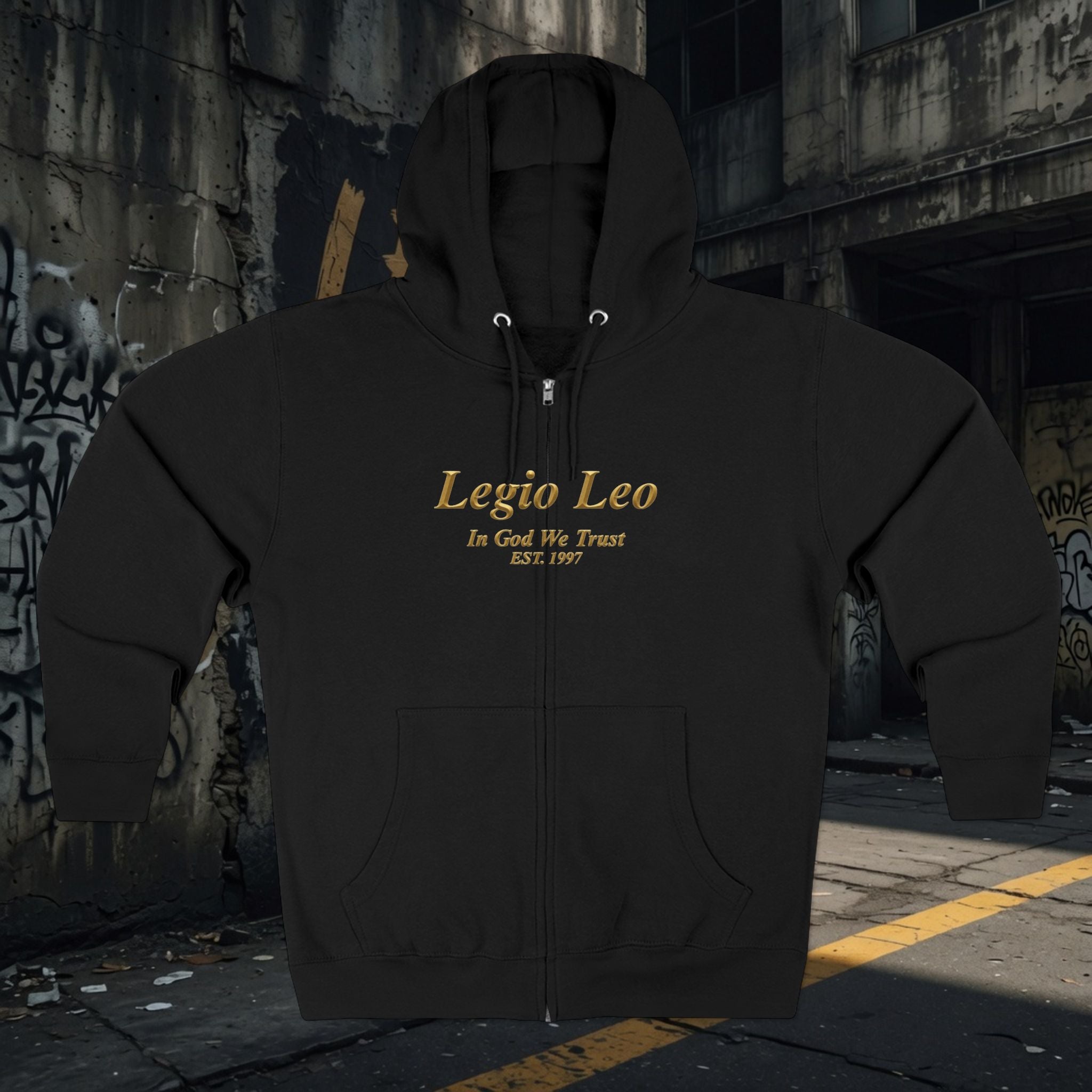 Zip Hoodie — Legio Leo Lion & Skull Graphic Zip-Up with “In God We Trust” Text