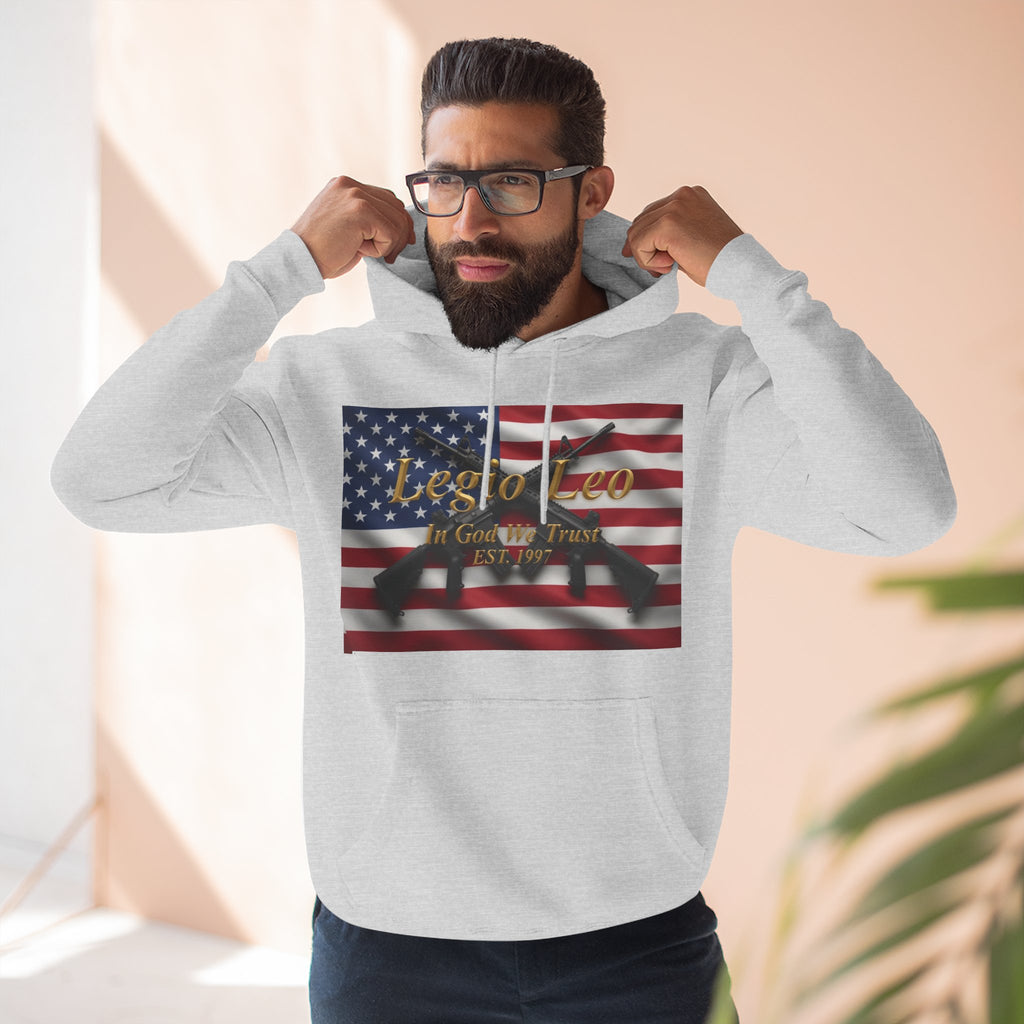 Legio Leo American Flag Fleece Hoodie – Minimal Gold Script Pullover Warrior Design