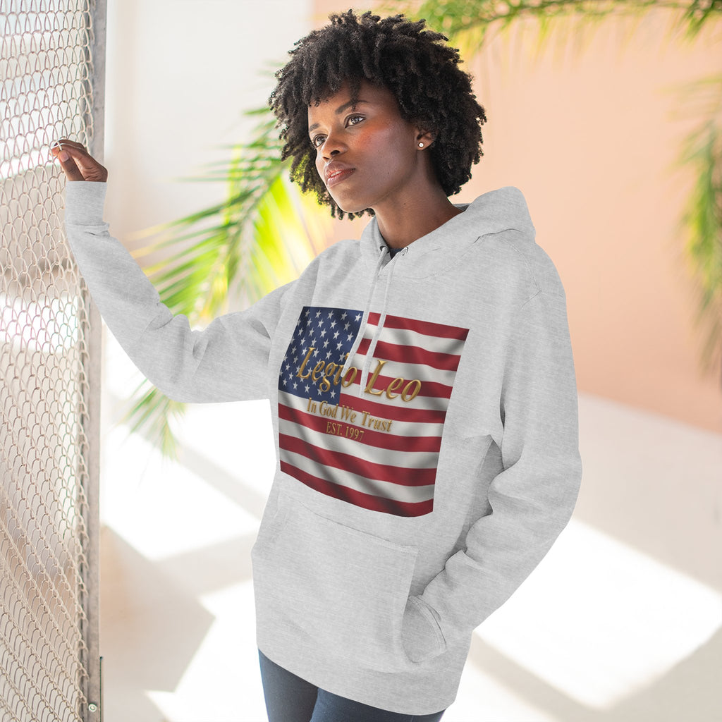 Legio Leo American Flag Fleece Hoodie – Minimal Gold Script Pullover