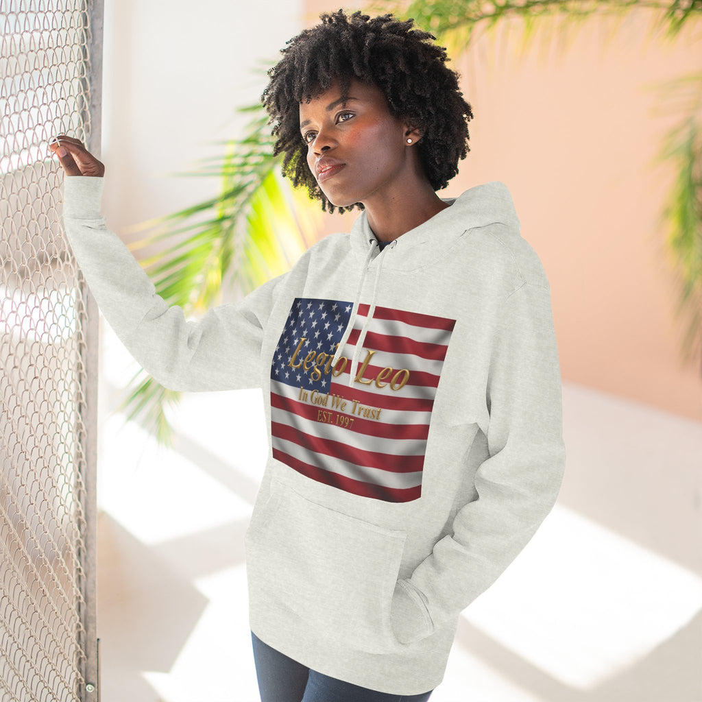 Legio Leo American Flag Fleece Hoodie – Minimal Gold Script Pullover