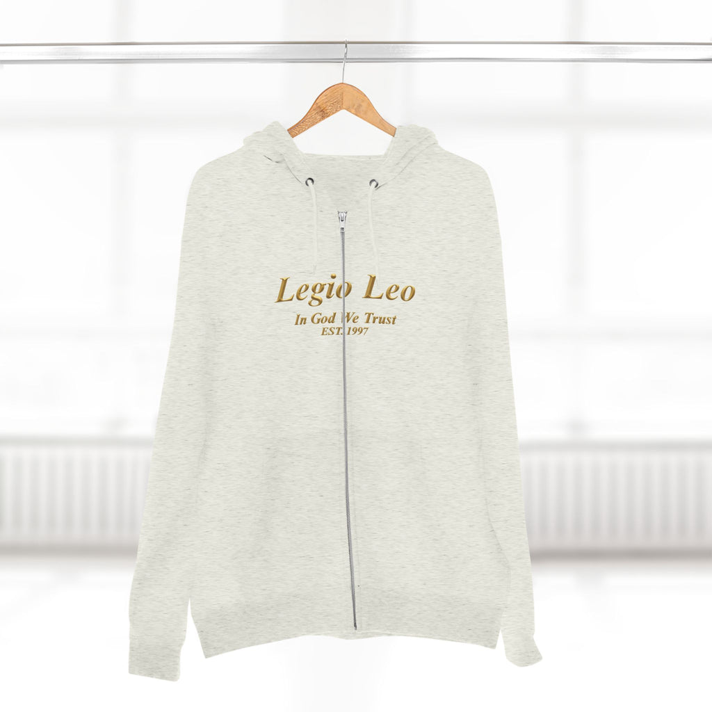 Zip Hoodie — Legio Leo Lion & Skull Graphic Zip-Up with “In God We Trust” Text