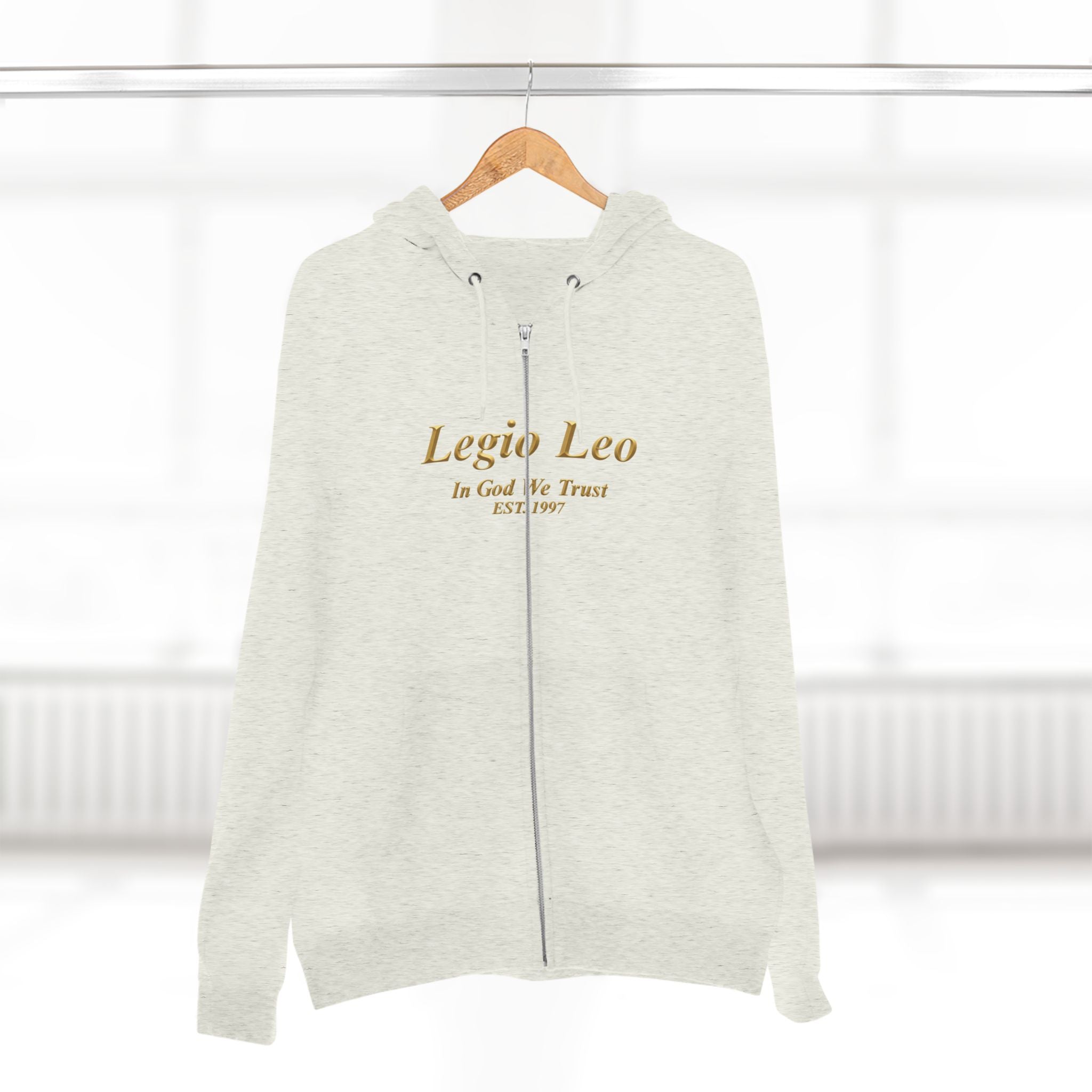 Zip Hoodie — Legio Leo Lion & Skull Graphic Zip-Up with “In God We Trust” Text