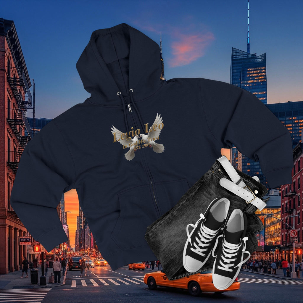 Leo Zodiac Zip Hoodie — 'Legio Leo— In God We Trust' Script with White Doves Design