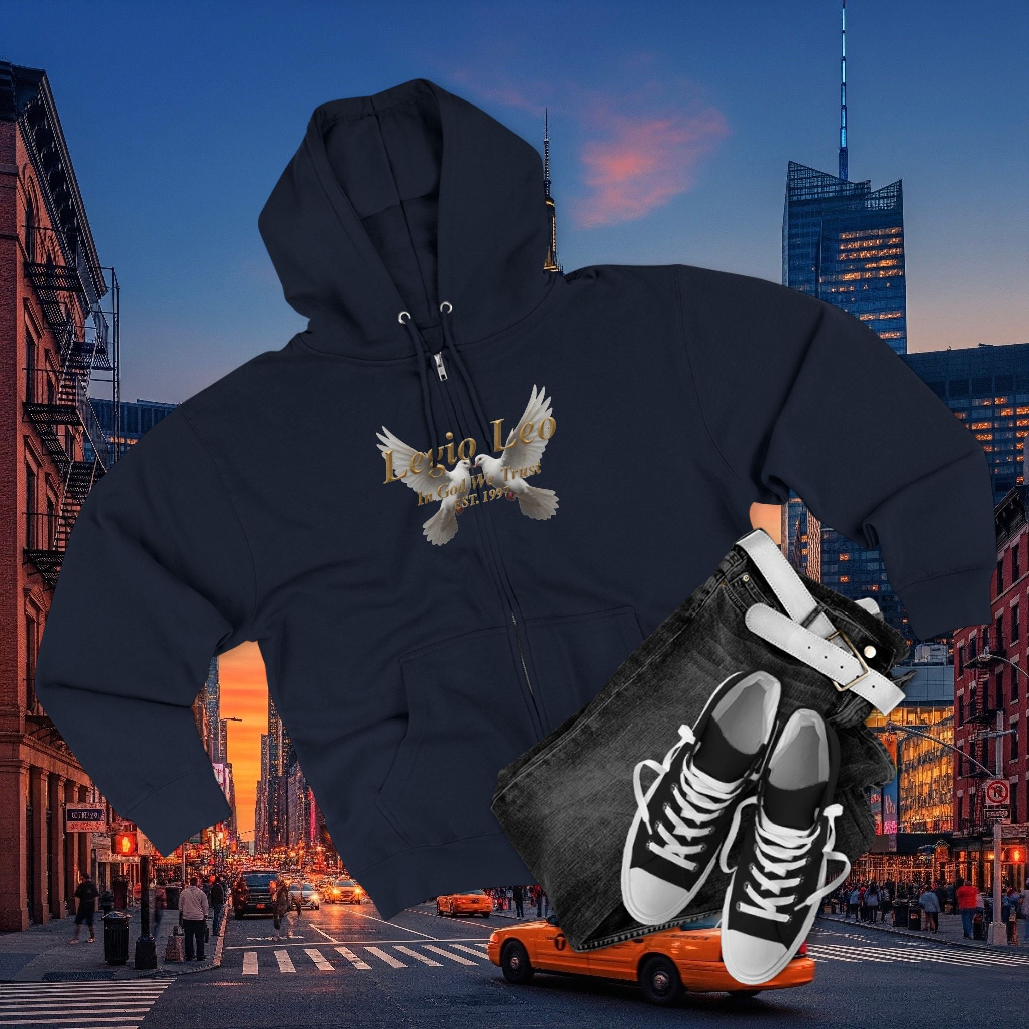 Leo Zodiac Zip Hoodie — 'Legio Leo— In God We Trust' Script with White Doves Design
