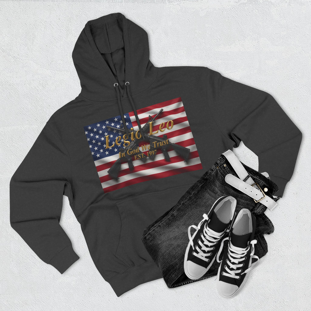 Legio Leo American Flag Fleece Hoodie – Minimal Gold Script Pullover Warrior Design