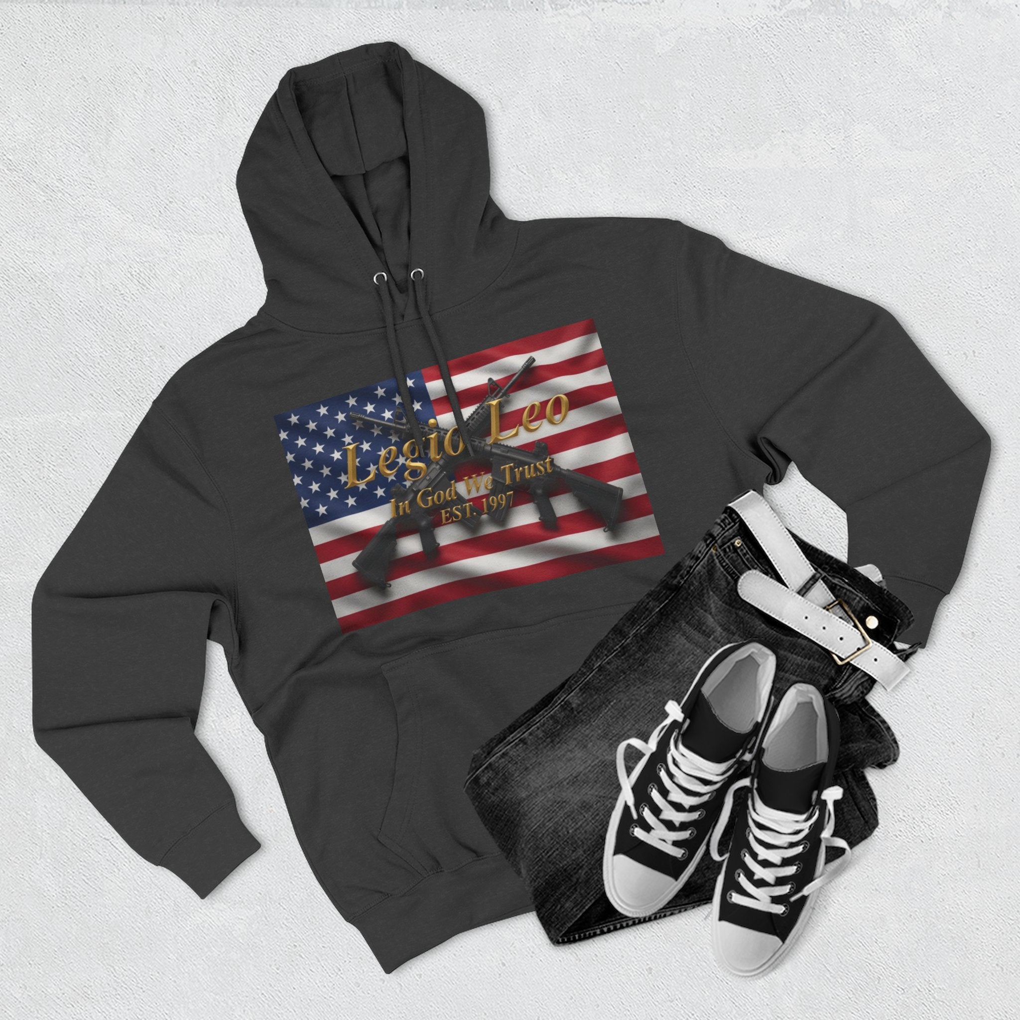 Legio Leo American Flag Fleece Hoodie – Minimal Gold Script Pullover Warrior Design